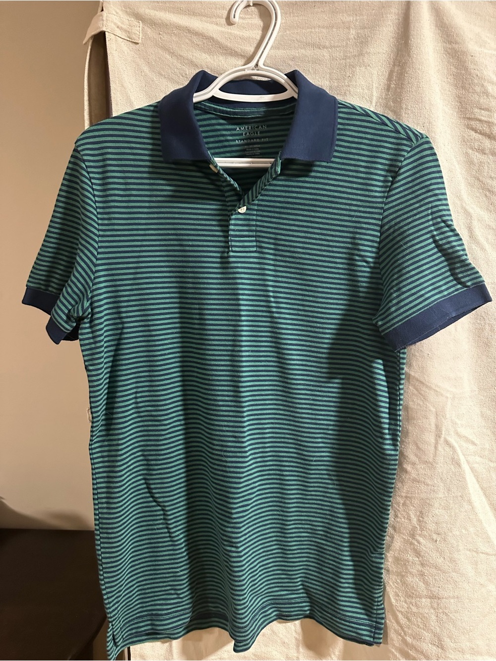 American Eagle Outfitters Teal and Navy Striped Polo